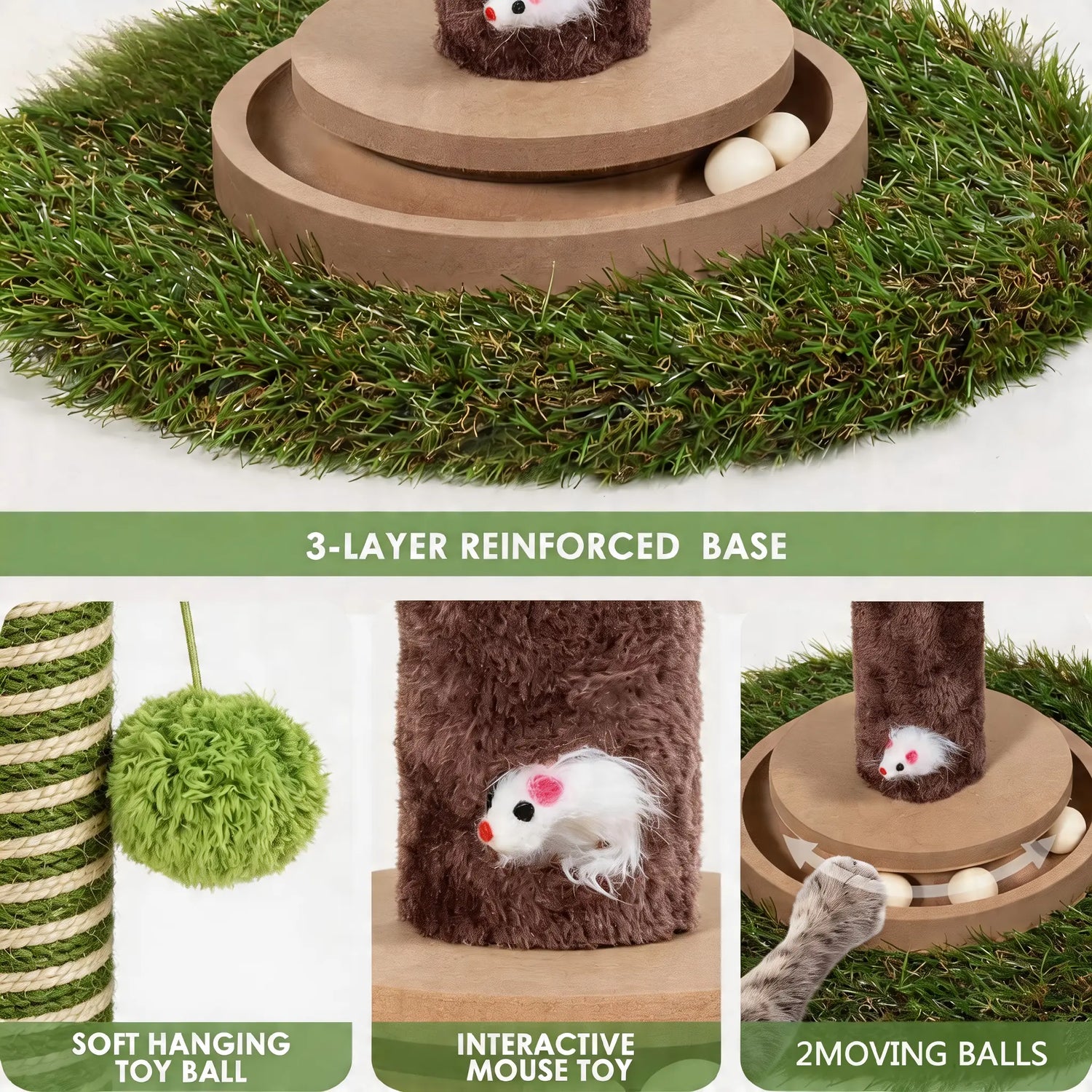 39-Inch Interactive Cat Scratching Post with Stylish Artificial Plant - 4-in-1 Cat Tree Tower for Play and Scratching - Modern Sisal Scratcher with Toy Balls and Dangling Ball for Your Indoor Cat