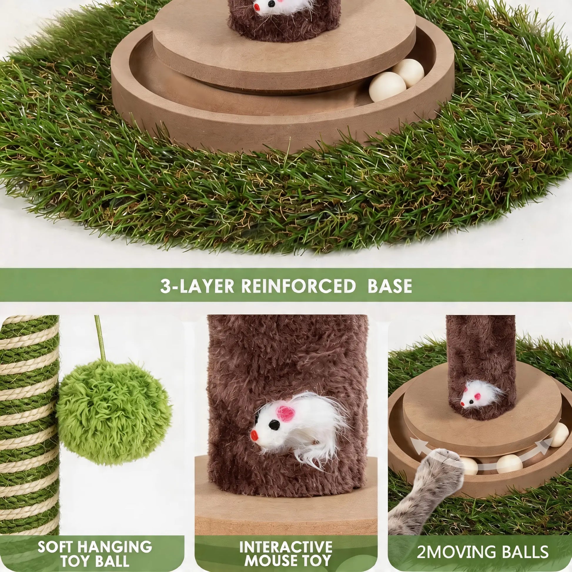 39-Inch Interactive Cat Scratching Post with Stylish Artificial Plant - 4-in-1 Cat Tree Tower for Play and Scratching - Modern Sisal Scratcher with Toy Balls and Dangling Ball for Your Indoor Cat