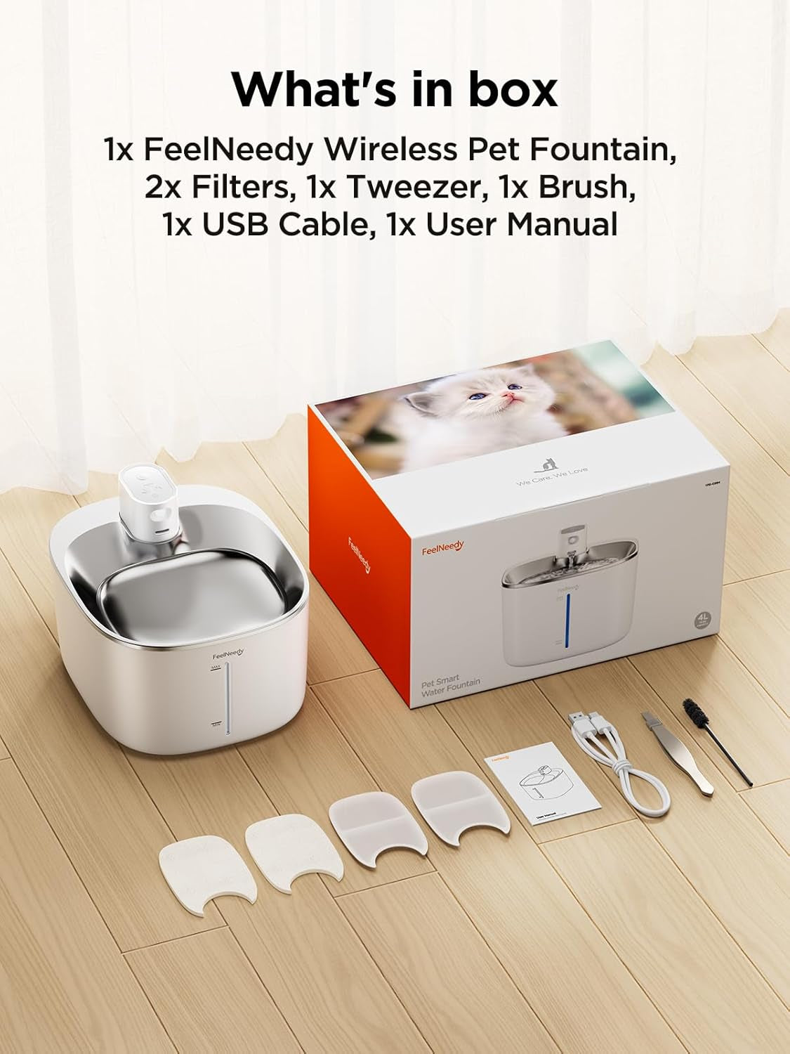 Wireless Cat Water Fountain with Motion Sensor – FEELNEEDY 4L, Quiet, Stainless Steel, 2 Filters, Ideal for Cats and Small Dogs, 4000mAh Battery Powered