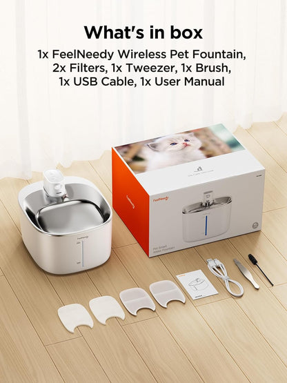 Wireless Cat Water Fountain with Motion Sensor – FEELNEEDY 4L, Quiet, Stainless Steel, 2 Filters, Ideal for Cats and Small Dogs, 4000mAh Battery Powered