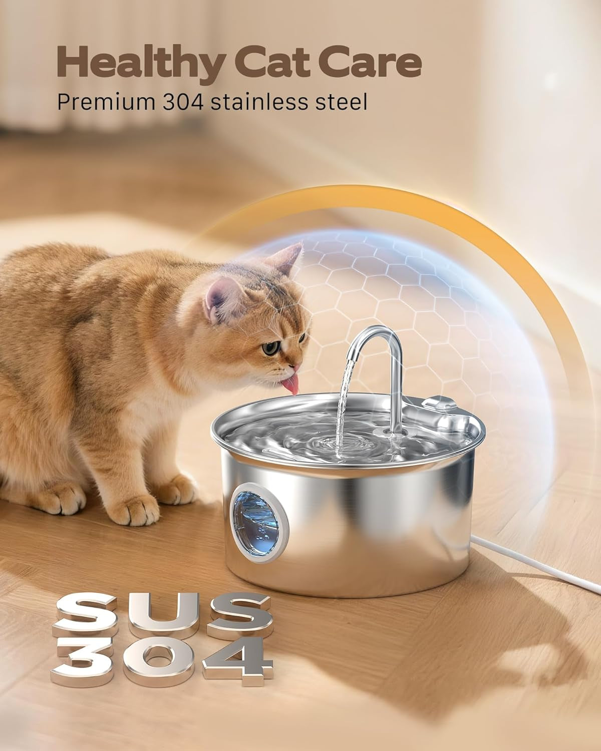 Stainless Steel Cat Water Fountain with Water Level Window: Automatic Drinking Fountain for Cats and Small Dogs – 2.6L Capacity and Quiet Operation with Multi-Layer Filtration System