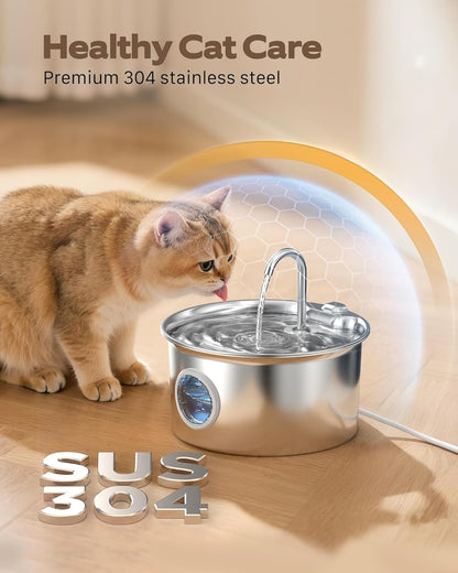 Stainless Steel Cat Water Fountain with Water Level Window: Automatic Drinking Fountain for Cats and Small Dogs – 2.6L Capacity and Quiet Operation with Multi-Layer Filtration System