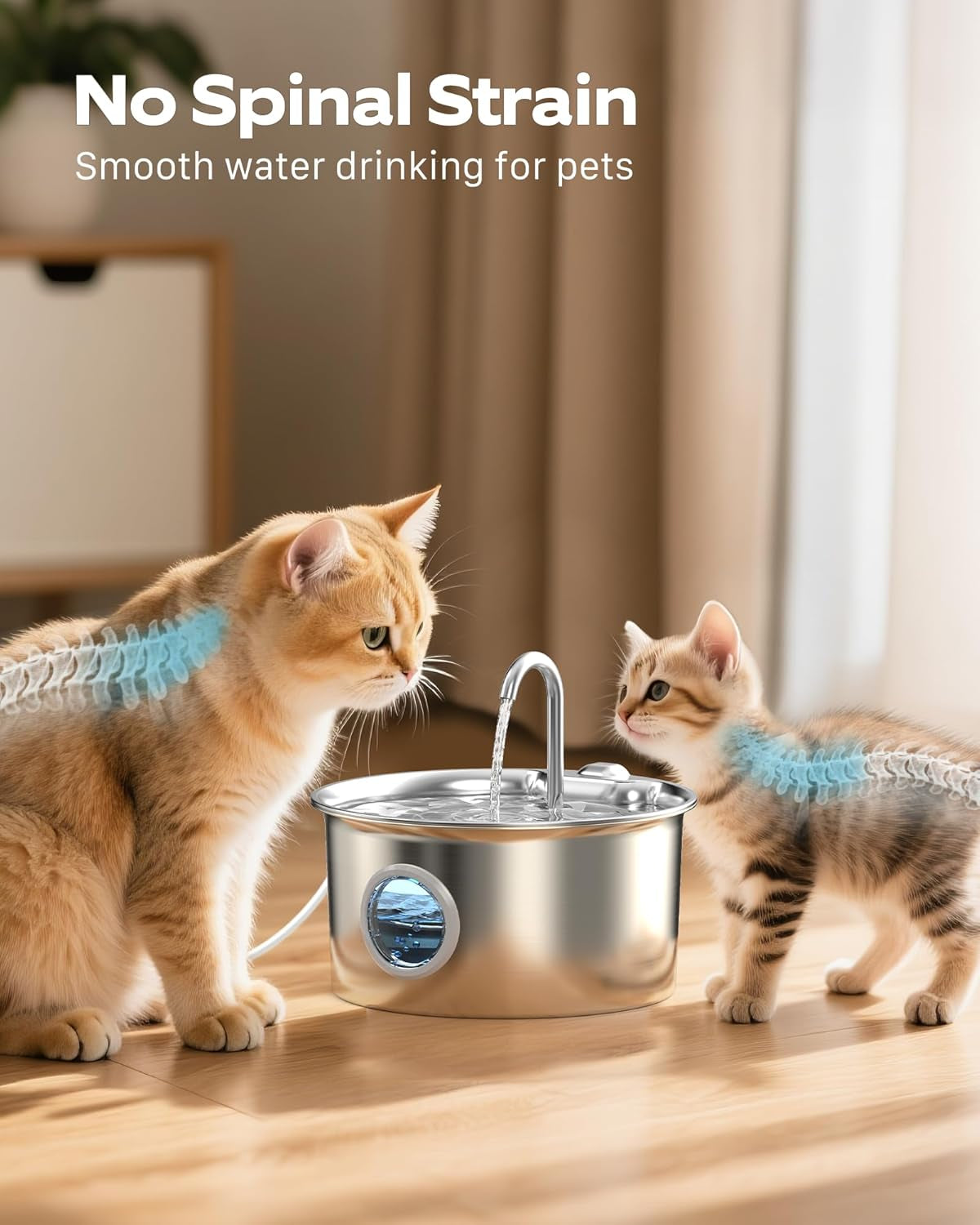 Stainless Steel Cat Water Fountain with Water Level Window: Automatic Drinking Fountain for Cats and Small Dogs – 2.6L Capacity and Quiet Operation with Multi-Layer Filtration System