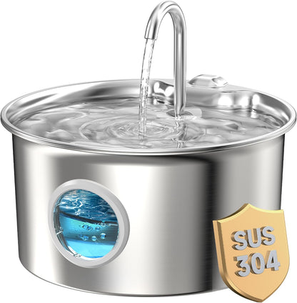 Stainless Steel Cat Water Fountain with Water Level Window: Automatic Drinking Fountain for Cats and Small Dogs – 2.6L Capacity and Quiet Operation with Multi-Layer Filtration System