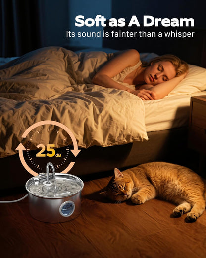 Stainless Steel Cat Water Fountain with Water Level Window: Automatic Drinking Fountain for Cats and Small Dogs – 2.6L Capacity and Quiet Operation with Multi-Layer Filtration System
