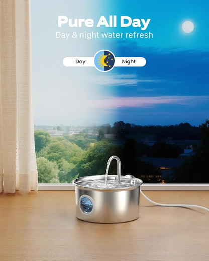 Stainless Steel Cat Water Fountain with Water Level Window: Automatic Drinking Fountain for Cats and Small Dogs – 2.6L Capacity and Quiet Operation with Multi-Layer Filtration System