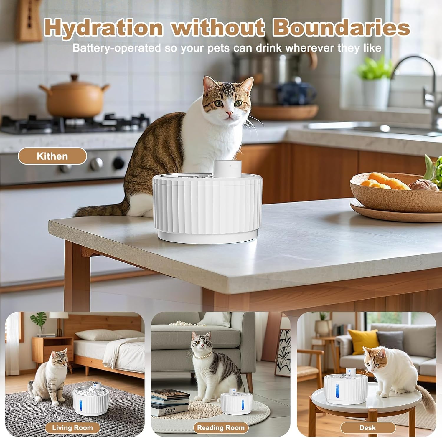 Wireless 2.8L Cat Water Fountain with Motion Sensor and 4000mAh Battery, Includes Replacement Filters