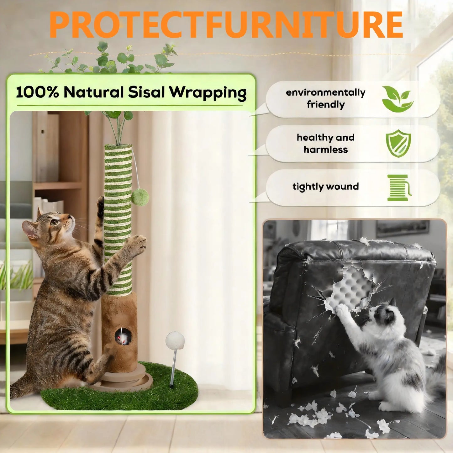 39-Inch Interactive Cat Scratching Post with Stylish Artificial Plant - 4-in-1 Cat Tree Tower for Play and Scratching - Modern Sisal Scratcher with Toy Balls and Dangling Ball for Your Indoor Cat