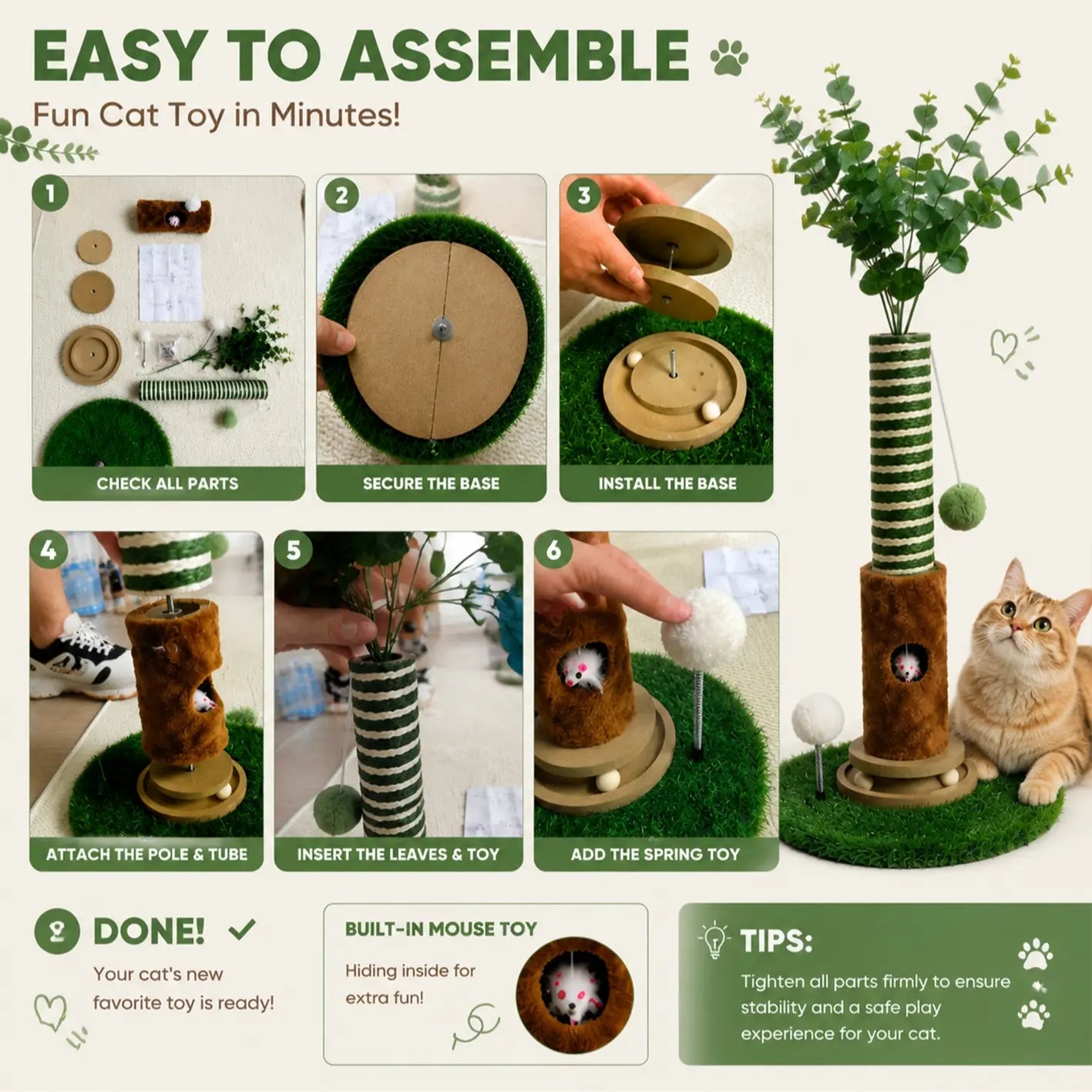 39-Inch Interactive Cat Scratching Post with Stylish Artificial Plant - 4-in-1 Cat Tree Tower for Play and Scratching - Modern Sisal Scratcher with Toy Balls and Dangling Ball for Your Indoor Cat