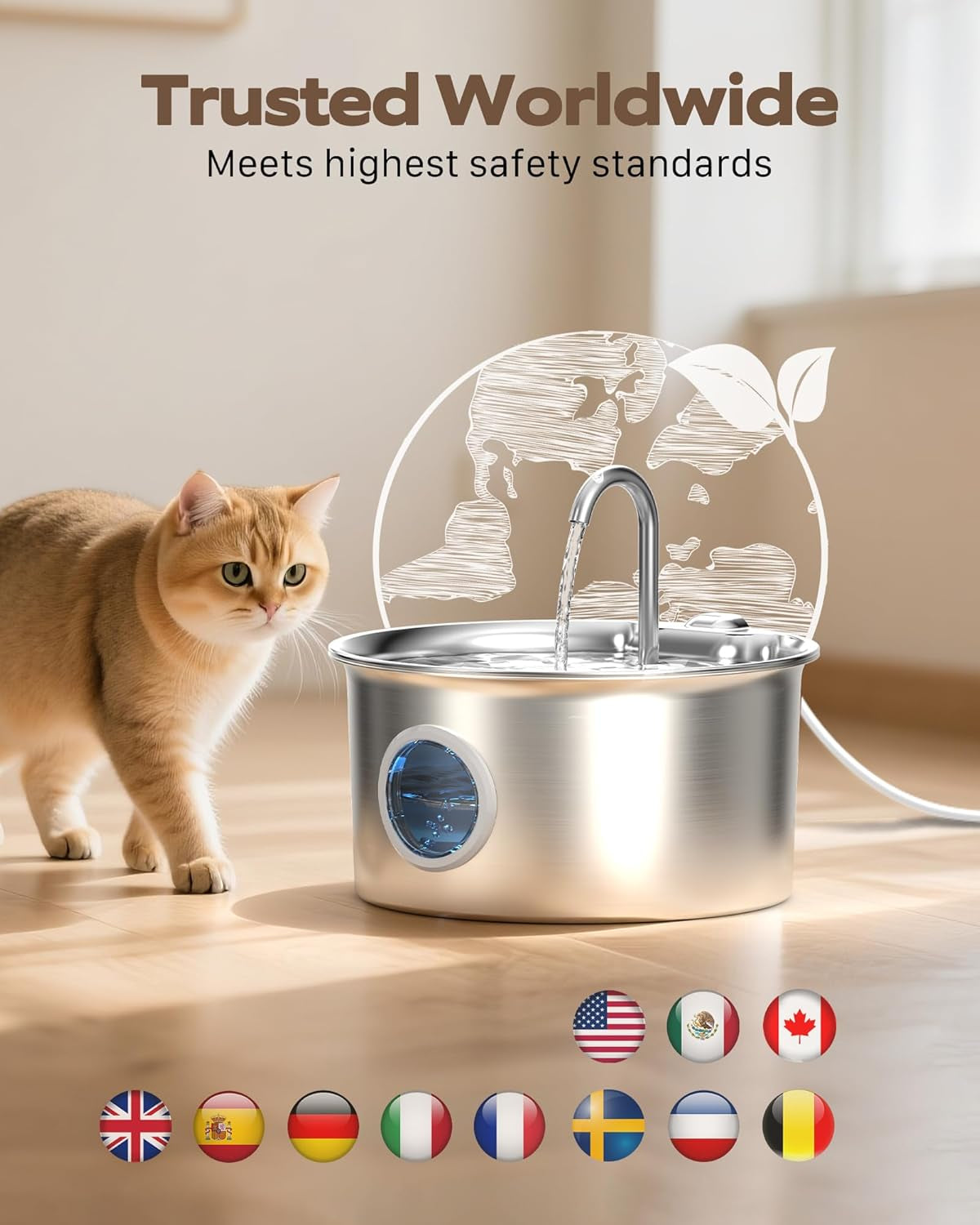 Stainless Steel Cat Water Fountain with Water Level Window: Automatic Drinking Fountain for Cats and Small Dogs – 2.6L Capacity and Quiet Operation with Multi-Layer Filtration System