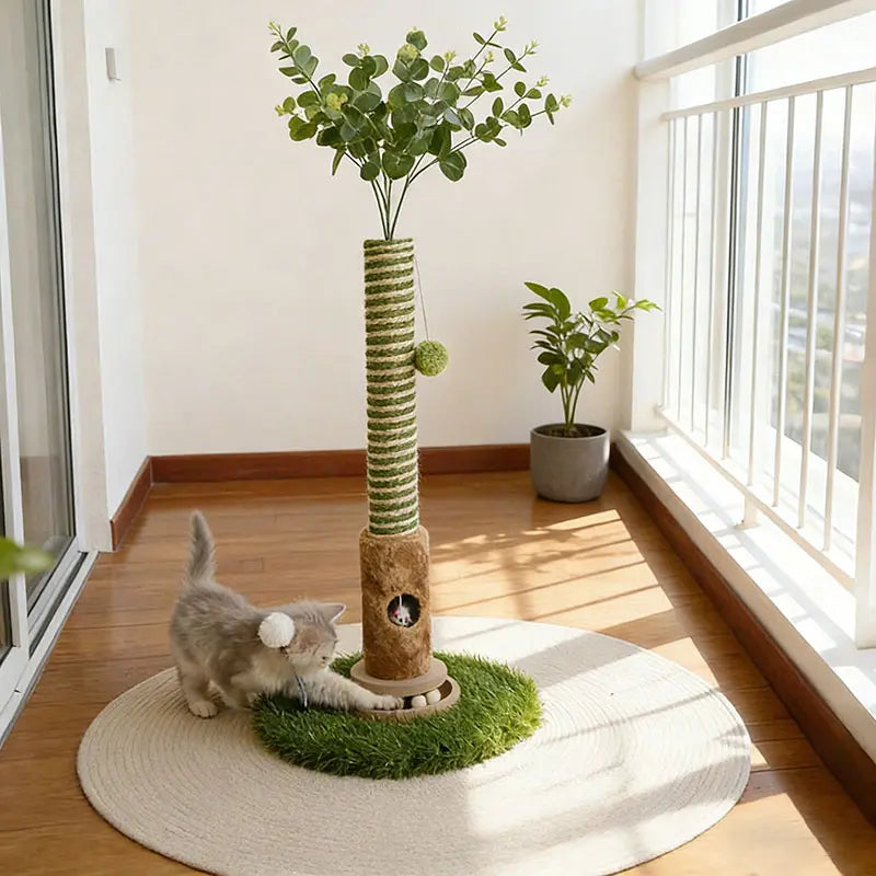 39-Inch Interactive Cat Scratching Post with Stylish Artificial Plant - 4-in-1 Cat Tree Tower for Play and Scratching - Modern Sisal Scratcher with Toy Balls and Dangling Ball for Your Indoor Cat