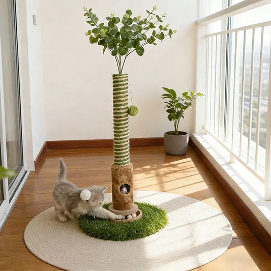 39-Inch Interactive Cat Scratching Post with Stylish Artificial Plant - 4-in-1 Cat Tree Tower for Play and Scratching - Modern Sisal Scratcher with Toy Balls and Dangling Ball for Your Indoor Cat