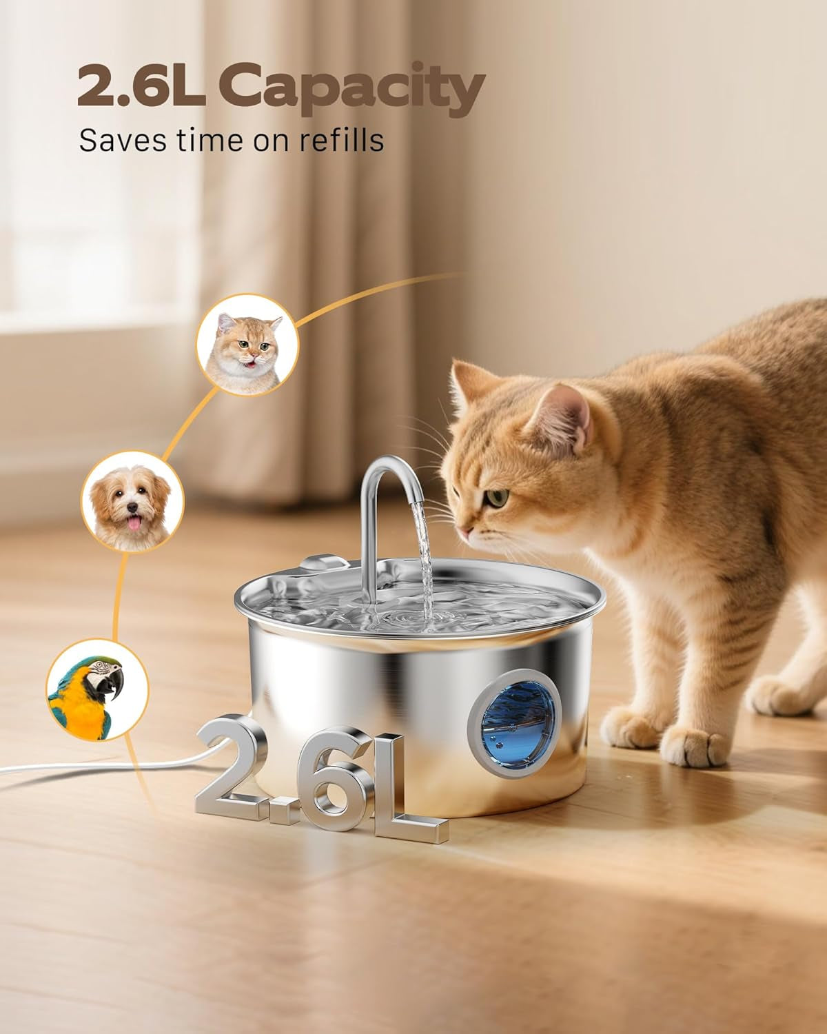 Stainless Steel Cat Water Fountain with Water Level Window: Automatic Drinking Fountain for Cats and Small Dogs – 2.6L Capacity and Quiet Operation with Multi-Layer Filtration System