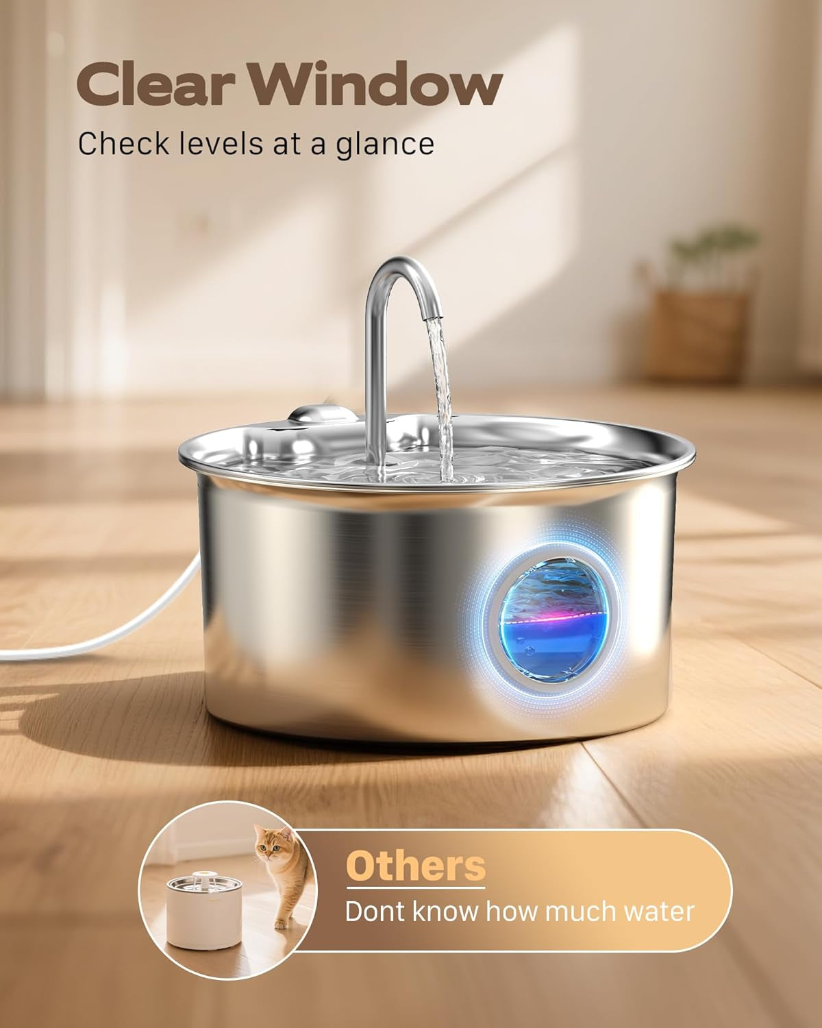 Stainless Steel Cat Water Fountain with Water Level Window: Automatic Drinking Fountain for Cats and Small Dogs – 2.6L Capacity and Quiet Operation with Multi-Layer Filtration System