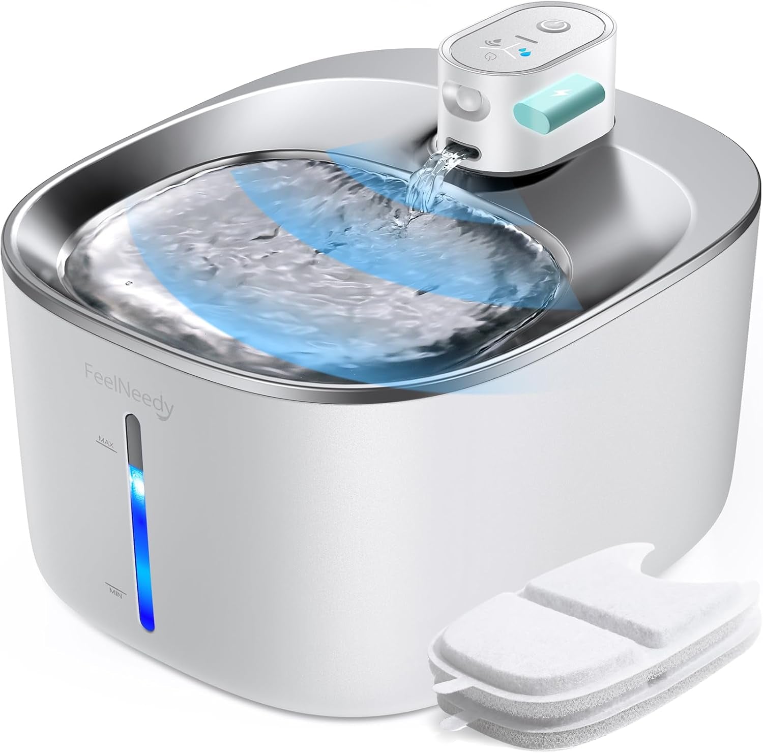 Wireless Cat Water Fountain with Motion Sensor – FEELNEEDY 4L, Quiet, Stainless Steel, 2 Filters, Ideal for Cats and Small Dogs, 4000mAh Battery Powered